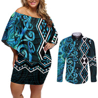Turquoise Aotearoa Couples Matching Off Shoulder Short Dress and Long Sleeve Button Shirt Taniko Motifs With Paua Shell Kowhaiwhai LT14 Turquoise - Polynesian Pride
