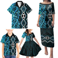 Turquoise Aotearoa Family Matching Puletasi and Hawaiian Shirt Taniko Motifs With Paua Shell Kowhaiwhai LT14 - Polynesian Pride