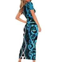 Turquoise Aotearoa Family Matching Short Sleeve Bodycon Dress and Hawaiian Shirt Taniko Motifs With Paua Shell Kowhaiwhai LT14 - Polynesian Pride