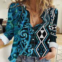 Turquoise Aotearoa Women Casual Shirt Taniko Motifs With Paua Shell Kowhaiwhai LT14 Female Turquoise - Polynesian Pride