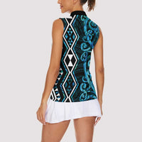 Turquoise Aotearoa Women Sleeveless Polo Shirt Taniko Motifs With Paua Shell Kowhaiwhai LT14 - Polynesian Pride