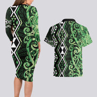 Green Aotearoa Couples Matching Long Sleeve Bodycon Dress and Hawaiian Shirt Taniko Motifs With Paua Shell Kowhaiwhai LT14 - Polynesian Pride