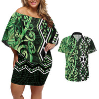 Green Aotearoa Couples Matching Off Shoulder Short Dress and Hawaiian Shirt Taniko Motifs With Paua Shell Kowhaiwhai LT14 Green - Polynesian Pride