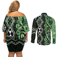 Green Aotearoa Couples Matching Off Shoulder Short Dress and Long Sleeve Button Shirt Taniko Motifs With Paua Shell Kowhaiwhai LT14 - Polynesian Pride