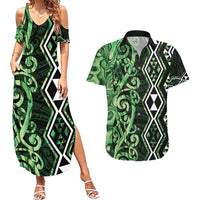Green Aotearoa Couples Matching Summer Maxi Dress and Hawaiian Shirt Taniko Motifs With Paua Shell Kowhaiwhai LT14 Green - Polynesian Pride