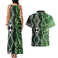 Green Aotearoa Couples Matching Tank Maxi Dress and Hawaiian Shirt Taniko Motifs With Paua Shell Kowhaiwhai LT14 - Polynesian Pride