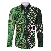 Green Aotearoa Family Matching Off The Shoulder Long Sleeve Dress and Hawaiian Shirt Taniko Motifs With Paua Shell Kowhaiwhai LT14 Dad's Shirt - Long Sleeve Green - Polynesian Pride