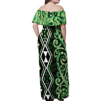 Green Aotearoa Family Matching Off Shoulder Maxi Dress and Hawaiian Shirt Taniko Motifs With Paua Shell Kowhaiwhai LT14 - Polynesian Pride
