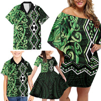 Green Aotearoa Family Matching Off Shoulder Short Dress and Hawaiian Shirt Taniko Motifs With Paua Shell Kowhaiwhai LT14 - Polynesian Pride