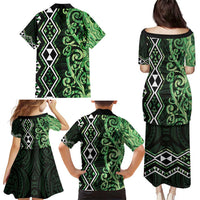 Green Aotearoa Family Matching Puletasi and Hawaiian Shirt Taniko Motifs With Paua Shell Kowhaiwhai LT14 - Polynesian Pride
