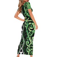Green Aotearoa Family Matching Short Sleeve Bodycon Dress and Hawaiian Shirt Taniko Motifs With Paua Shell Kowhaiwhai LT14 - Polynesian Pride