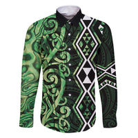 Green Aotearoa Family Matching Tank Maxi Dress and Hawaiian Shirt Taniko Motifs With Paua Shell Kowhaiwhai LT14 Dad's Shirt - Long Sleeve Green - Polynesian Pride