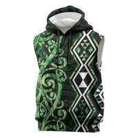 Green Aotearoa Sleeveless Hoodie Taniko Motifs With Paua Shell Kowhaiwhai LT14 Green - Polynesian Pride