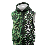 Green Aotearoa Sleeveless Zip Hoodie Taniko Motifs With Paua Shell Kowhaiwhai - Polynesian Pride