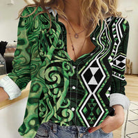 Green Aotearoa Women Casual Shirt Taniko Motifs With Paua Shell Kowhaiwhai LT14 Female Green - Polynesian Pride