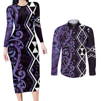 Purple Aotearoa Couples Matching Long Sleeve Bodycon Dress and Long Sleeve Button Shirt Taniko Motifs With Paua Shell Kowhaiwhai LT14 Purple - Polynesian Pride