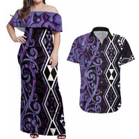 Purple Aotearoa Couples Matching Off Shoulder Maxi Dress and Hawaiian Shirt Taniko Motifs With Paua Shell Kowhaiwhai LT14 Purple - Polynesian Pride