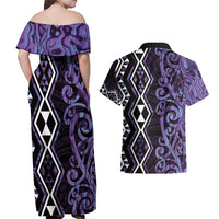 Purple Aotearoa Couples Matching Off Shoulder Maxi Dress and Hawaiian Shirt Taniko Motifs With Paua Shell Kowhaiwhai LT14 - Polynesian Pride