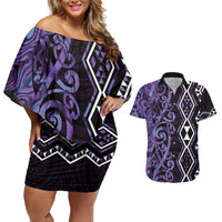 Purple Aotearoa Couples Matching Off Shoulder Short Dress and Hawaiian Shirt Taniko Motifs With Paua Shell Kowhaiwhai LT14 Purple - Polynesian Pride
