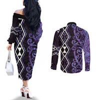 Purple Aotearoa Couples Matching Off The Shoulder Long Sleeve Dress and Long Sleeve Button Shirt Taniko Motifs With Paua Shell Kowhaiwhai LT14 - Polynesian Pride