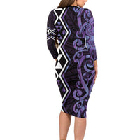 Purple Aotearoa Family Matching Long Sleeve Bodycon Dress and Hawaiian Shirt Taniko Motifs With Paua Shell Kowhaiwhai LT14 - Polynesian Pride