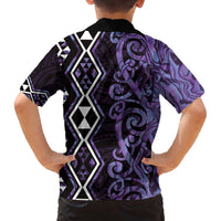 Purple Aotearoa Family Matching Off The Shoulder Long Sleeve Dress and Hawaiian Shirt Taniko Motifs With Paua Shell Kowhaiwhai LT14 - Polynesian Pride