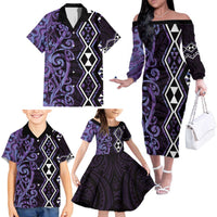 Purple Aotearoa Family Matching Off The Shoulder Long Sleeve Dress and Hawaiian Shirt Taniko Motifs With Paua Shell Kowhaiwhai LT14 - Polynesian Pride