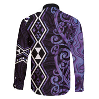 Purple Aotearoa Family Matching Off The Shoulder Long Sleeve Dress and Hawaiian Shirt Taniko Motifs With Paua Shell Kowhaiwhai LT14 - Polynesian Pride