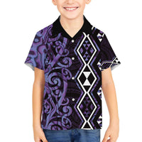Purple Aotearoa Family Matching Off The Shoulder Long Sleeve Dress and Hawaiian Shirt Taniko Motifs With Paua Shell Kowhaiwhai LT14 Son's Shirt Purple - Polynesian Pride