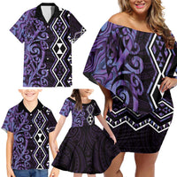 Purple Aotearoa Family Matching Off Shoulder Short Dress and Hawaiian Shirt Taniko Motifs With Paua Shell Kowhaiwhai LT14 - Polynesian Pride