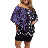 Purple Aotearoa Family Matching Off Shoulder Short Dress and Hawaiian Shirt Taniko Motifs With Paua Shell Kowhaiwhai LT14 Mom's Dress Purple - Polynesian Pride