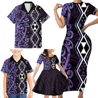Purple Aotearoa Family Matching Short Sleeve Bodycon Dress and Hawaiian Shirt Taniko Motifs With Paua Shell Kowhaiwhai LT14 - Polynesian Pride