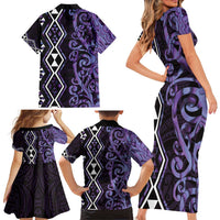 Purple Aotearoa Family Matching Short Sleeve Bodycon Dress and Hawaiian Shirt Taniko Motifs With Paua Shell Kowhaiwhai LT14 - Polynesian Pride