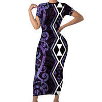 Purple Aotearoa Short Sleeve Bodycon Dress Taniko Motifs With Paua Shell Kowhaiwhai LT14 Long Dress Purple - Polynesian Pride