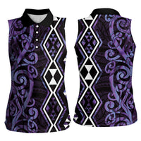 Purple Aotearoa Women Sleeveless Polo Shirt Taniko Motifs With Paua Shell Kowhaiwhai LT14 - Polynesian Pride