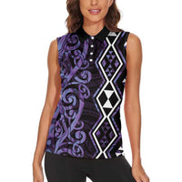 Purple Aotearoa Women Sleeveless Polo Shirt Taniko Motifs With Paua Shell Kowhaiwhai LT14 - Polynesian Pride