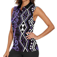 Purple Aotearoa Women Sleeveless Polo Shirt Taniko Motifs With Paua Shell Kowhaiwhai LT14 - Polynesian Pride