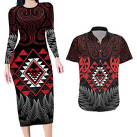 Aotearoa Kiwi Taniko Couples Matching Long Sleeve Bodycon Dress and Hawaiian Shirt Silver Fern With Maori Koru Pattern LT14 Red - Polynesian Pride
