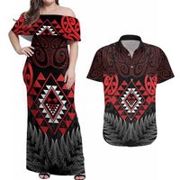 Aotearoa Kiwi Taniko Couples Matching Off Shoulder Maxi Dress and Hawaiian Shirt Silver Fern With Maori Koru Pattern LT14 Red - Polynesian Pride