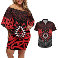 Aotearoa Kiwi Taniko Couples Matching Off Shoulder Short Dress and Hawaiian Shirt Silver Fern With Maori Koru Pattern LT14 Red - Polynesian Pride