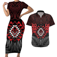 Aotearoa Kiwi Taniko Couples Matching Short Sleeve Bodycon Dress and Hawaiian Shirt Silver Fern With Maori Koru Pattern LT14 Red - Polynesian Pride