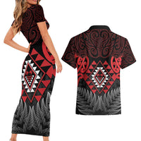 Aotearoa Kiwi Taniko Couples Matching Short Sleeve Bodycon Dress and Hawaiian Shirt Silver Fern With Maori Koru Pattern LT14 - Polynesian Pride