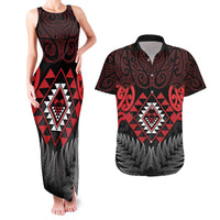 Aotearoa Kiwi Taniko Couples Matching Tank Maxi Dress and Hawaiian Shirt Silver Fern With Maori Koru Pattern LT14 Red - Polynesian Pride