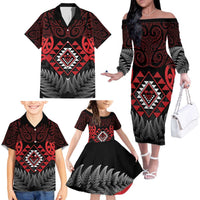 Aotearoa Kiwi Taniko Family Matching Off The Shoulder Long Sleeve Dress and Hawaiian Shirt Silver Fern With Maori Koru Pattern LT14 - Polynesian Pride