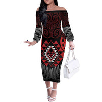Aotearoa Kiwi Taniko Family Matching Off The Shoulder Long Sleeve Dress and Hawaiian Shirt Silver Fern With Maori Koru Pattern LT14 Mom's Dress Red - Polynesian Pride