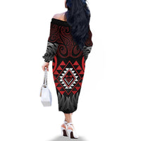 Aotearoa Kiwi Taniko Family Matching Off The Shoulder Long Sleeve Dress and Hawaiian Shirt Silver Fern With Maori Koru Pattern LT14 - Polynesian Pride