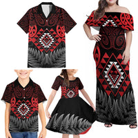 Aotearoa Kiwi Taniko Family Matching Off Shoulder Maxi Dress and Hawaiian Shirt Silver Fern With Maori Koru Pattern LT14 - Polynesian Pride