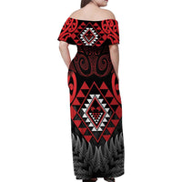 Aotearoa Kiwi Taniko Family Matching Off Shoulder Maxi Dress and Hawaiian Shirt Silver Fern With Maori Koru Pattern LT14 - Polynesian Pride