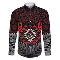 Aotearoa Kiwi Taniko Family Matching Puletasi and Hawaiian Shirt Silver Fern With Maori Koru Pattern LT14 Dad's Shirt - Long Sleeve Red - Polynesian Pride