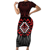 Aotearoa Kiwi Taniko Family Matching Short Sleeve Bodycon Dress and Hawaiian Shirt Silver Fern With Maori Koru Pattern LT14 Mom's Dress Red - Polynesian Pride